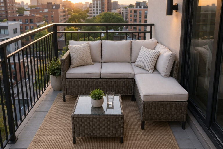 3-piece sectional sofa arranged on a tiny apartment balcony with minimalist layout and compact furniture setup