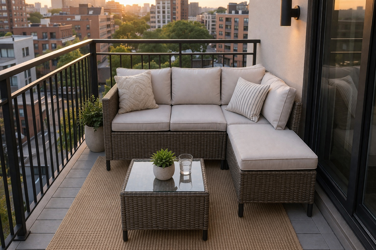 3-piece sectional sofa arranged on a tiny apartment balcony with minimalist layout and compact furniture setup