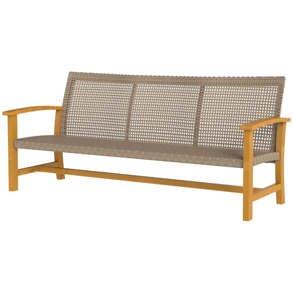 3 seater outdoor wicker patio sofa in teak finish with acacia wood accents