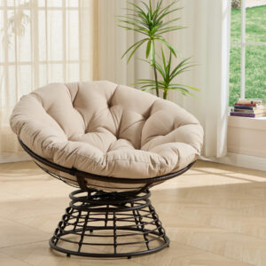36 inch swivel wicker papasan chair with brown rattan frame and beige cushion