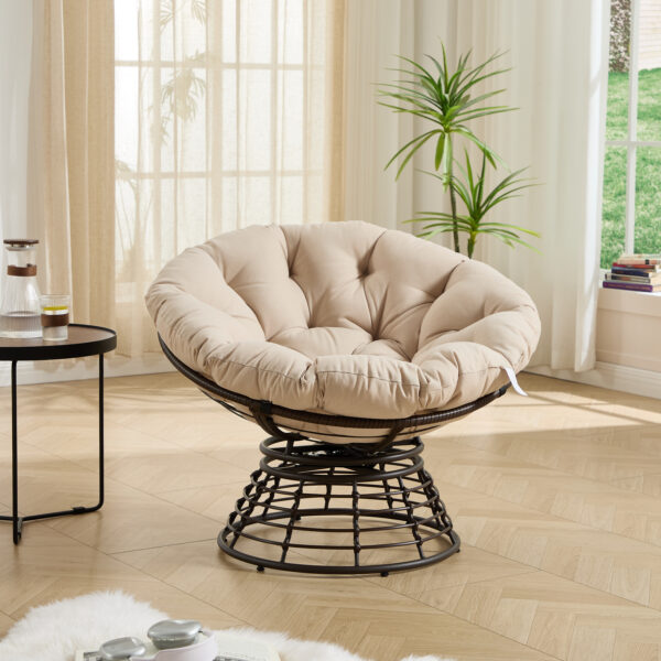 36 inch swivel wicker papasan chair with brown rattan frame and thick cushion