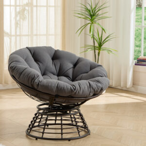 36 inch swivel wicker papasan chair with brown rattan frame and gray cushion