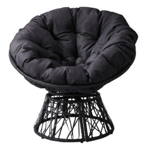 38 inch swivel wicker papasan chair with black rattan frame and black tufted cushion