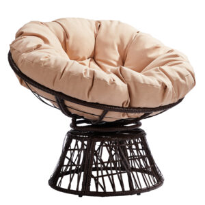 38 inch swivel wicker papasan chair with dark brown rattan frame and beige tufted cushion