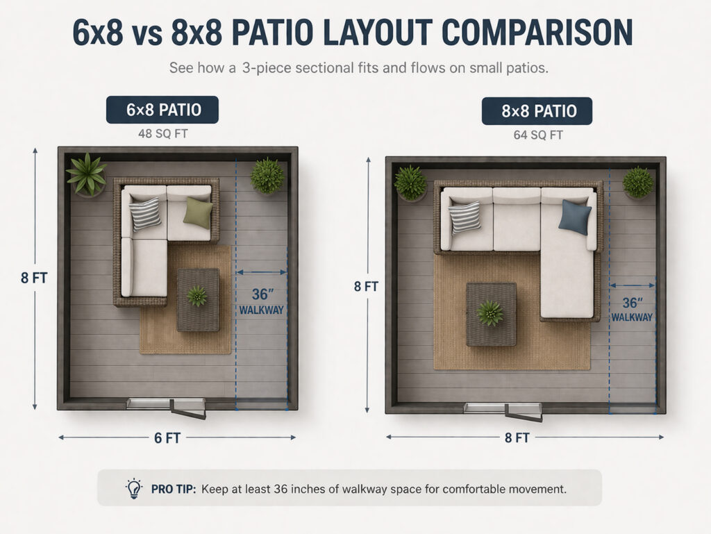 6x8 vs 8x8 patio sectional layout comparison showing furniture size differences and 36 inch walkway clearance