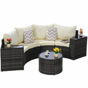 7 piece half moon patio furniture set with gray rattan and beige cushions with round coffee table