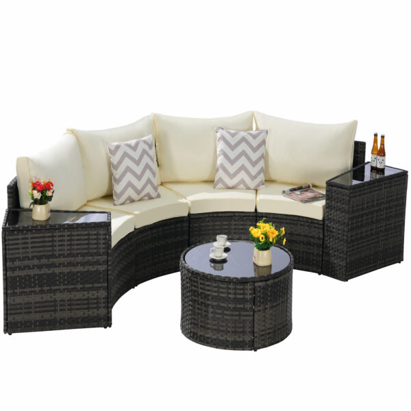 7 piece half moon patio furniture set with gray rattan and beige cushions with round coffee table