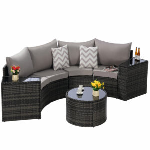 7 piece half moon patio furniture set with gray rattan and light gray cushions with round coffee table