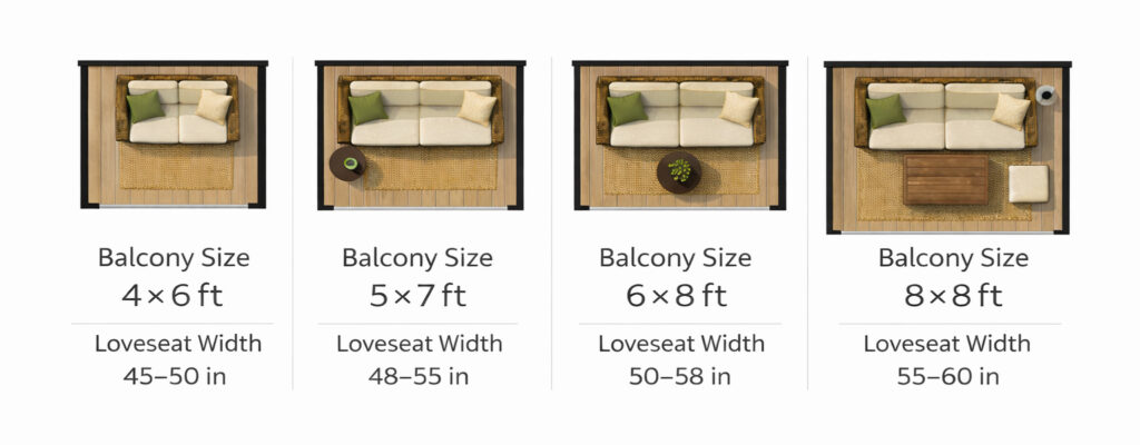 balcony loveseat size comparison for 4x6 5x7 6x8 and 8x8 small patios showing layout and furniture fit