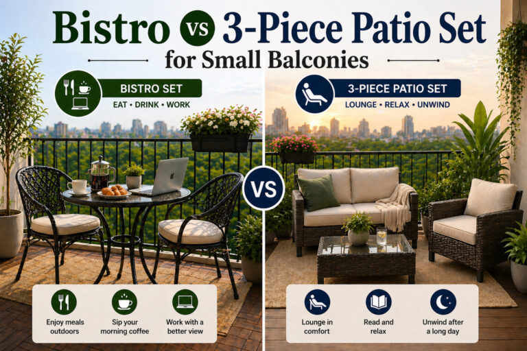 bistro set vs 3-piece patio set on a small balcony showing dining setup on the left and a loveseat with chair lounge setup on the right