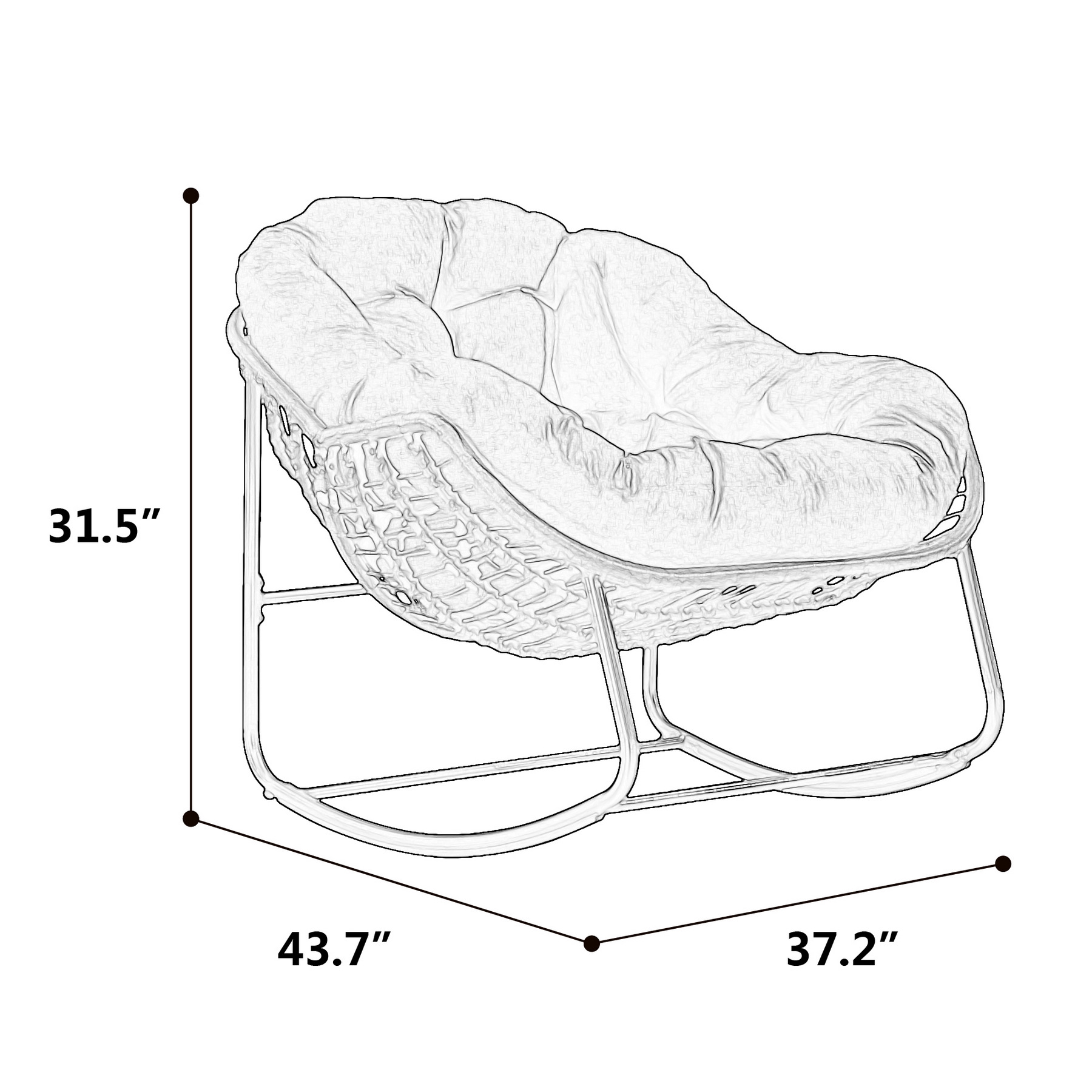 dimensions of oversized outdoor rattan rocking chair with brown wicker frame and thick cushion