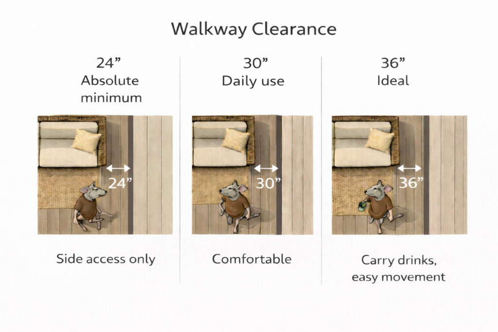 patio walkway clearance comparison showing 24 30 and 36 inches for small balcony furniture layouts
