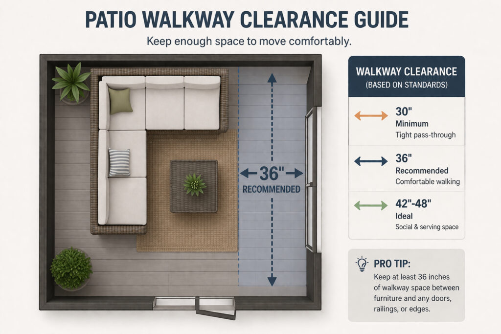 patio sectional layout showing 36 inch walkway clearance between furniture and railing for comfortable movement