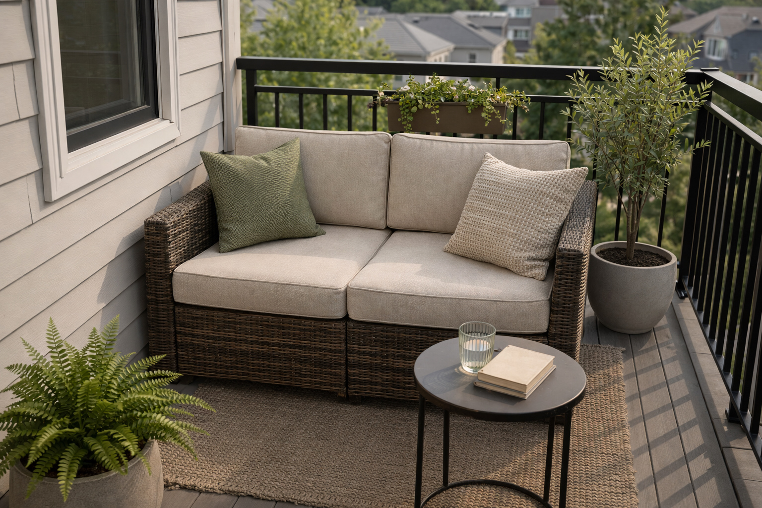 rattan loveseat on a small apartment balcony with simple layout for two people