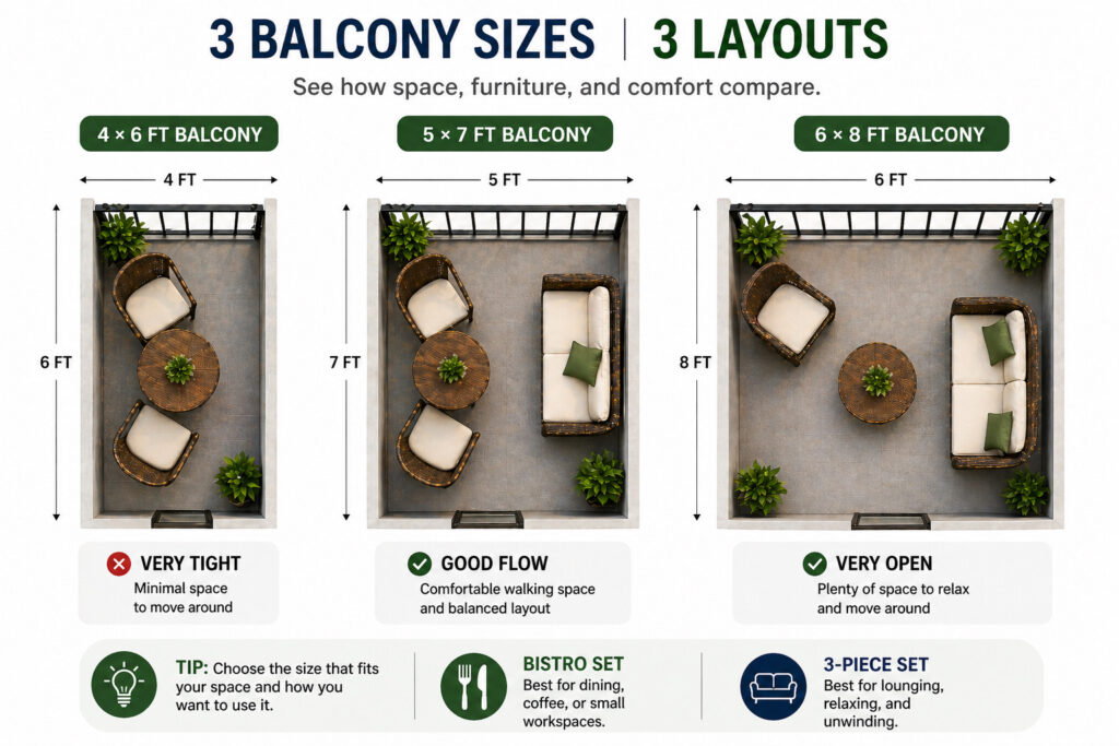 4x6 vs 5x7 vs 6x8 small balcony layout comparison showing furniture space and walkway differences
