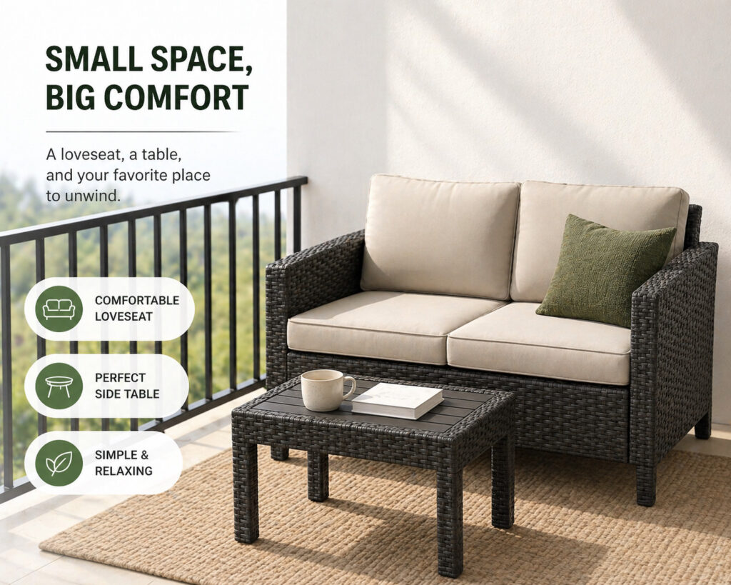 small balcony with a pe rattan loveseat and small table in a simple outdoor lounge setup designed for relaxation