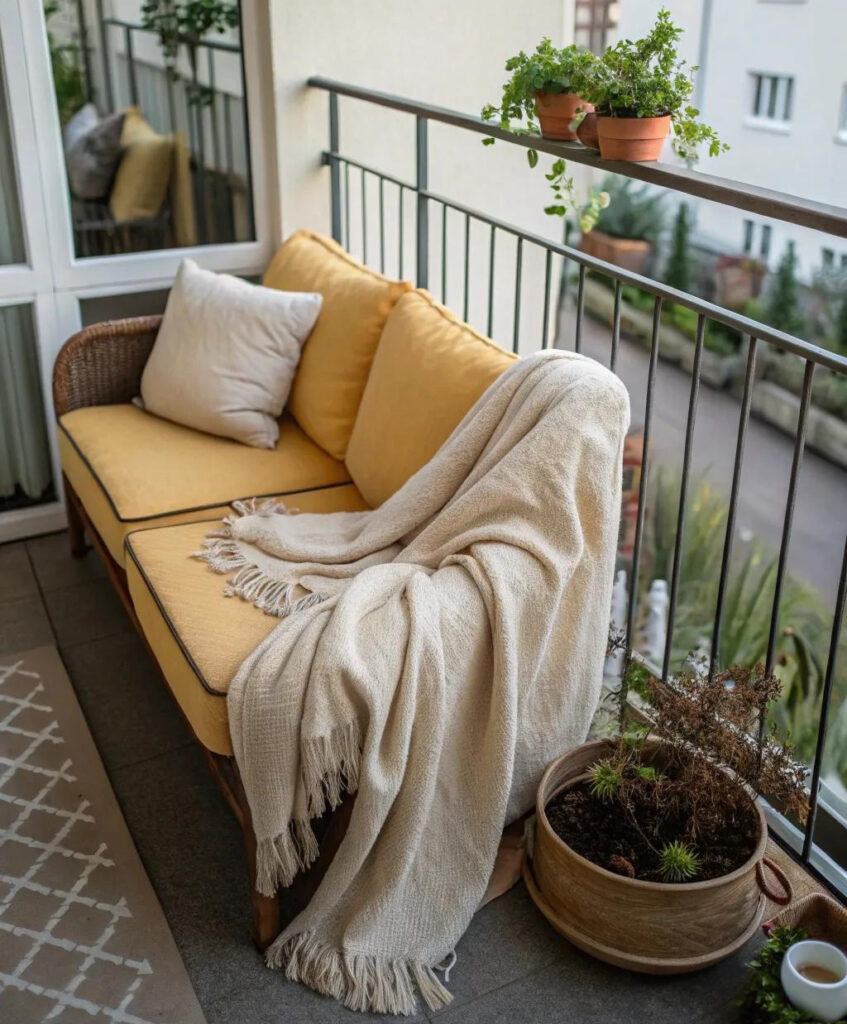 small apartment balcony with compact rattan loveseat in a clean minimal layout
