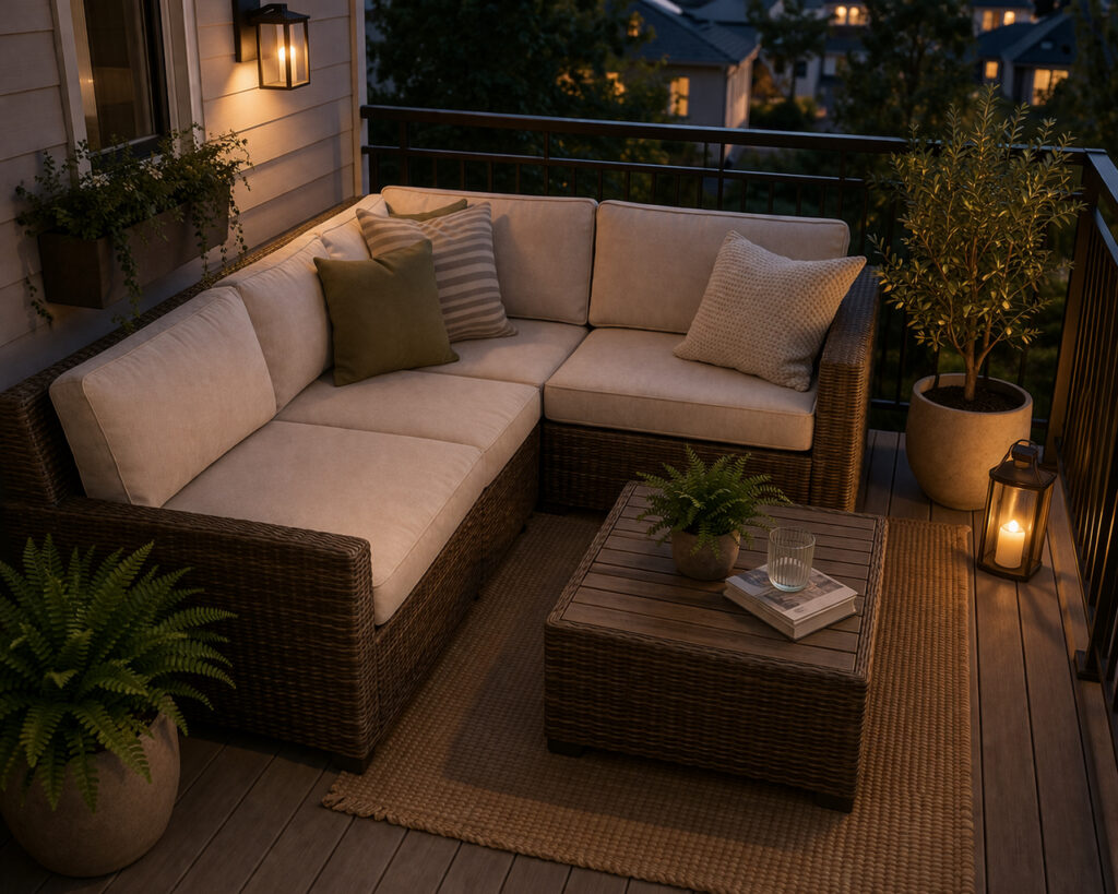 small patio with 3-piece rattan sectional sofa cozy evening setup with soft lighting and compact layout