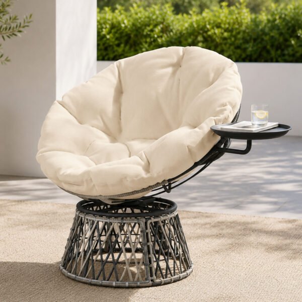 swivel papasan reading chair with side tray and tufted cushion