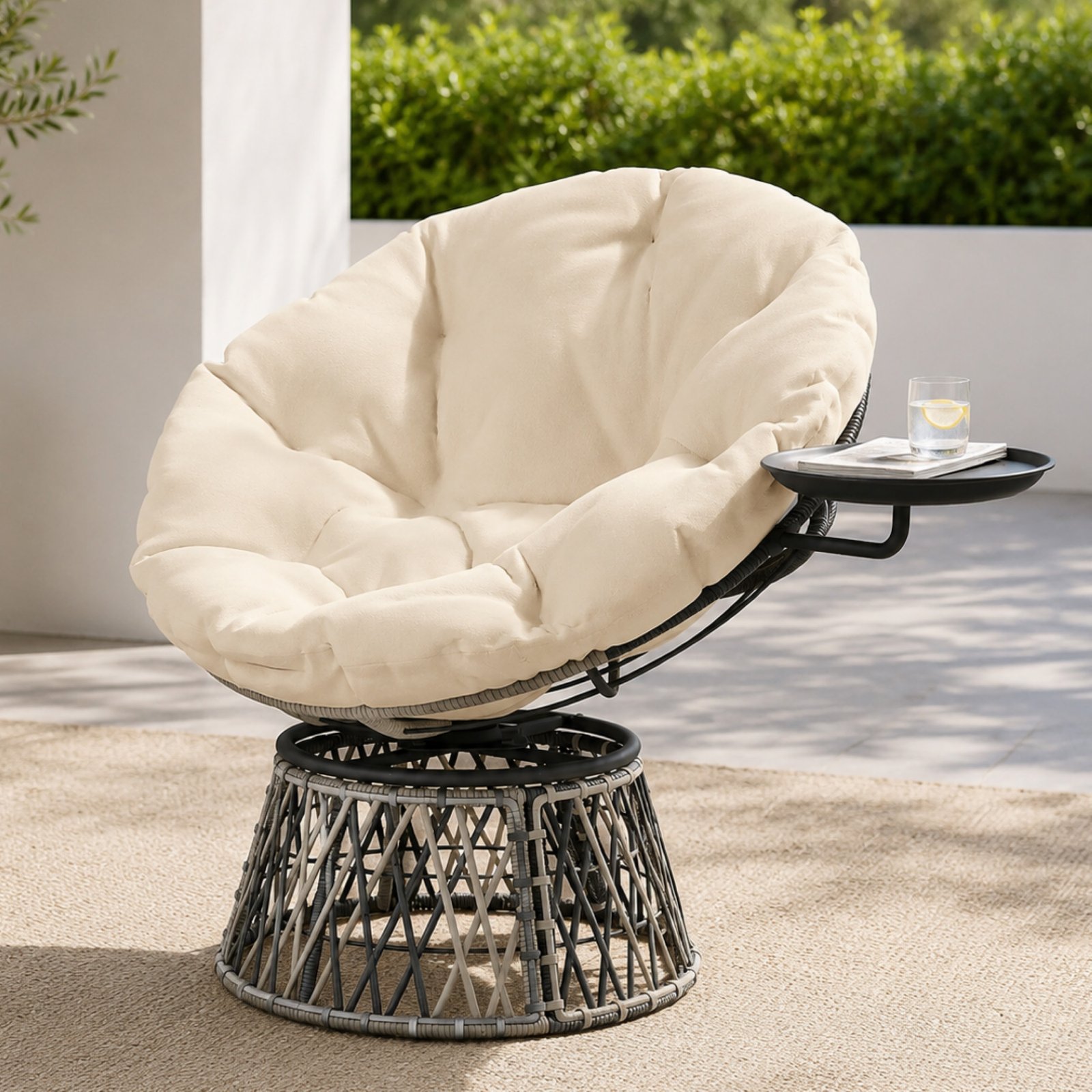 swivel papasan reading chair with side tray and tufted cushion