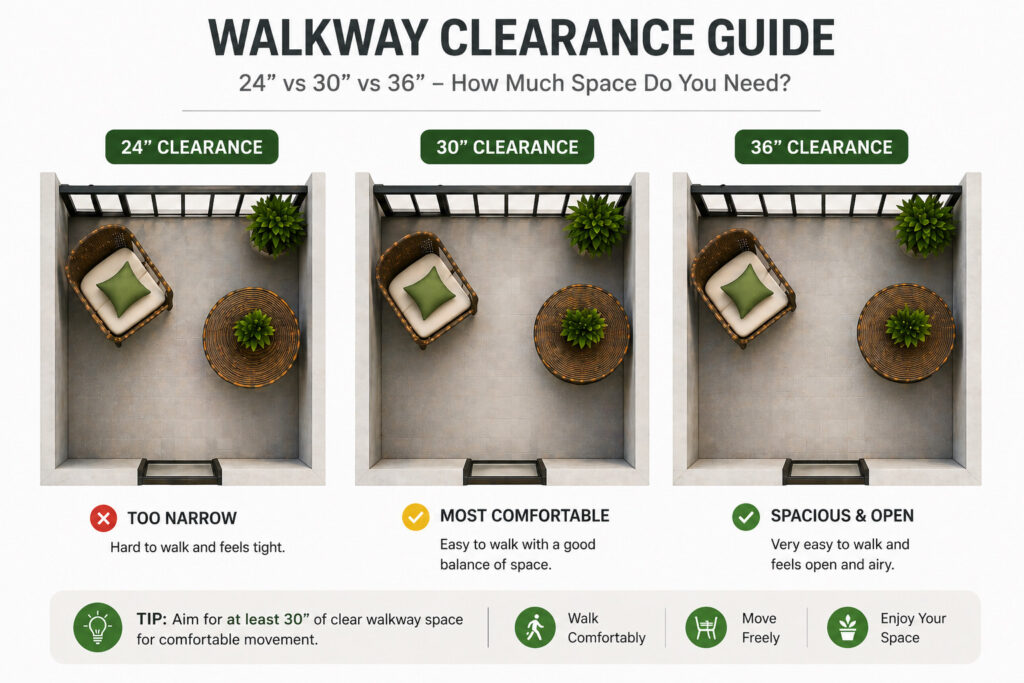 24 vs 30 vs 36 inch walkway clearance comparison showing walking space between patio furniture on a small balcony layout