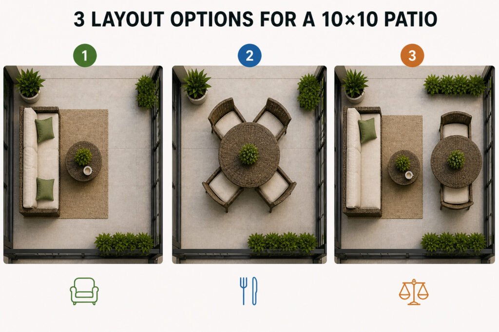 10x10 patio layout options showing lounge setup dining setup and balanced furniture arrangement