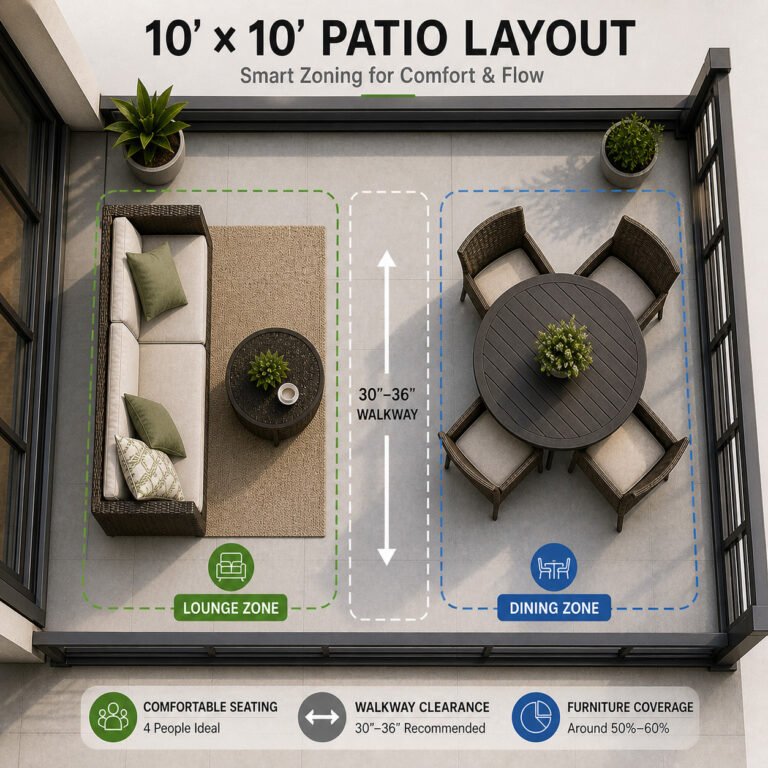 10x10 patio furniture layout with loveseat lounge zone dining table and central walkway clearance design