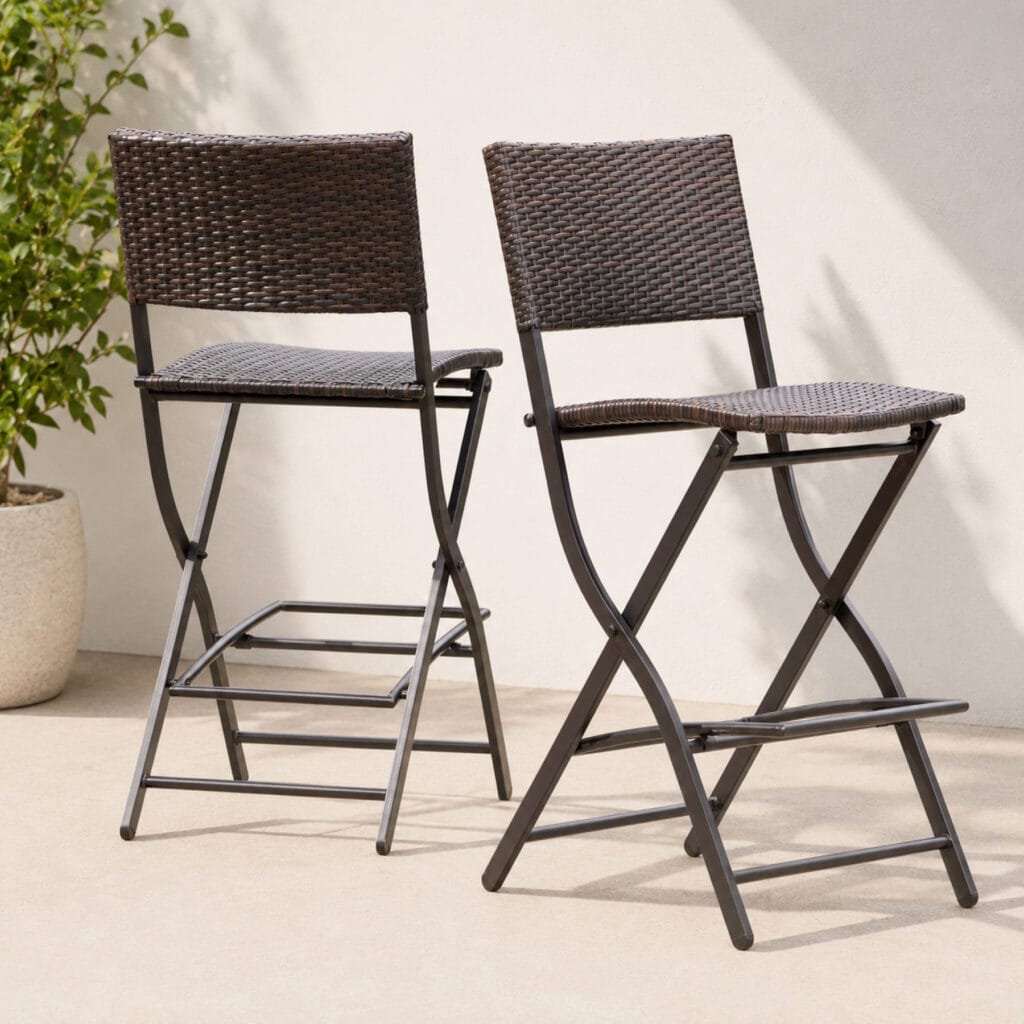 2-piece brown multi-tone wicker outdoor barstools with foldable iron frame