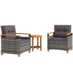 3-piece mixed gray rattan patio bistro set for 2 with cushioned chairs and acacia wood coffee table white background product image outdoor furniture set.