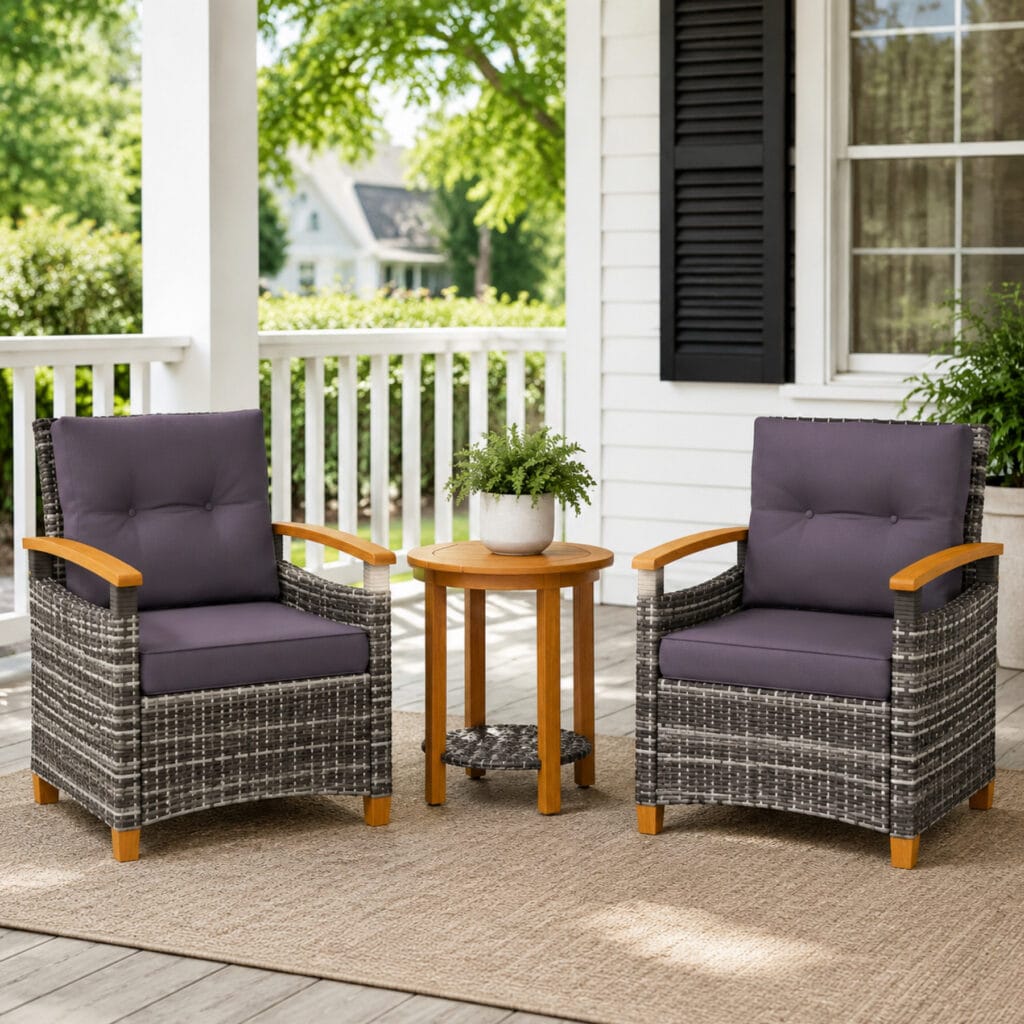 3-piece mixed gray rattan patio bistro set for 2 with cushioned chairs and acacia wood coffee table outdoor conversation set for patio and backyard.