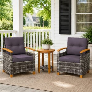 3-piece mixed gray rattan patio bistro set for 2 with cushioned chairs and acacia wood coffee table outdoor conversation set for patio and backyard.