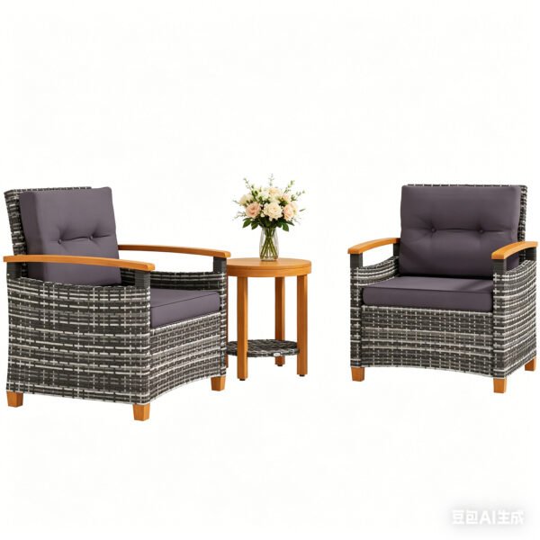 3 piece mixed gray rattan patio chair set with acacia wood frame and gray cushions with round table