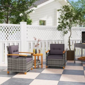 3 piece mixed gray rattan patio chair set with acacia wood frame in patio with drinks and magazine on table