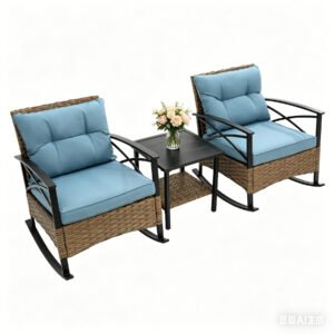 3 piece rattan rocking chair set with blue cushions including 2 rocking chairs and side table