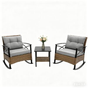 3 piece rattan rocking chair set with gray cushions including 2 rocking chairs and side table