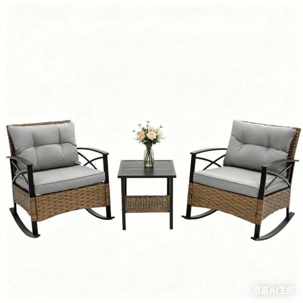 3 piece rattan rocking chair set with gray cushions including 2 rocking chairs and side table