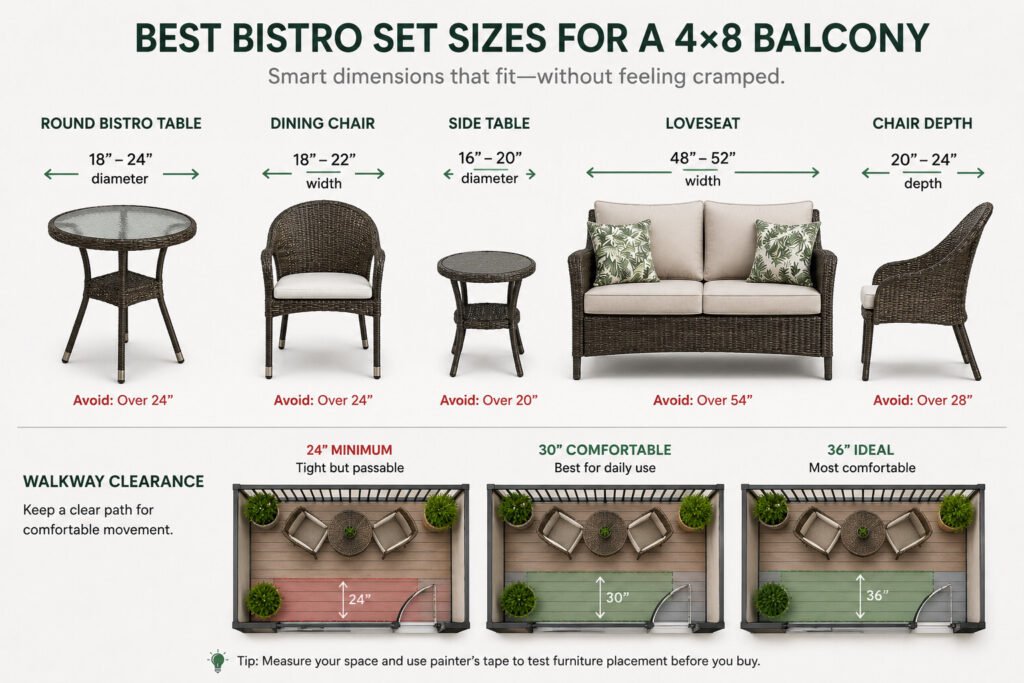 Size comparison infographic showing recommended bistro table, chair, loveseat, and walkway dimensions for a 4×8 balcony