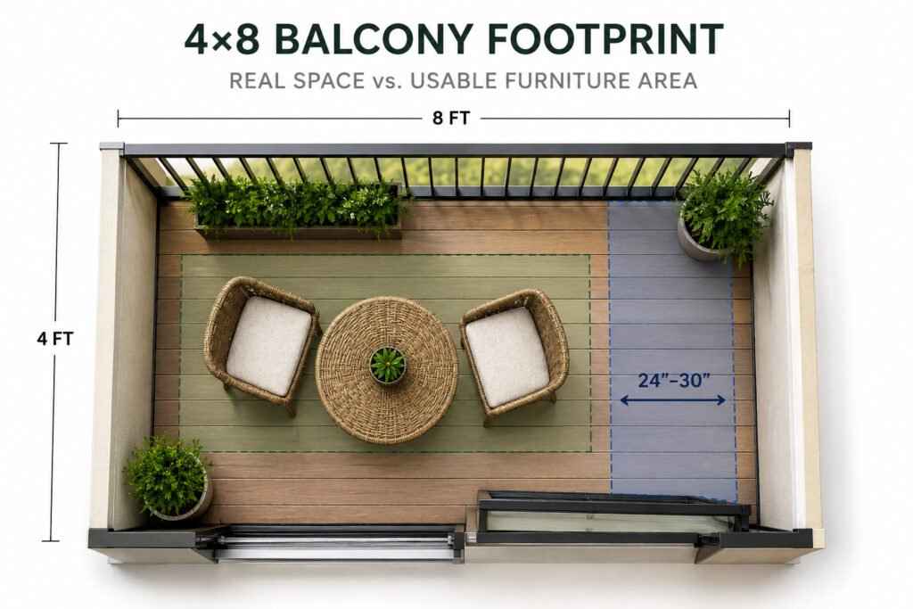 Top-down layout of a 4×8 balcony showing furniture footprint and recommended walkway clearance