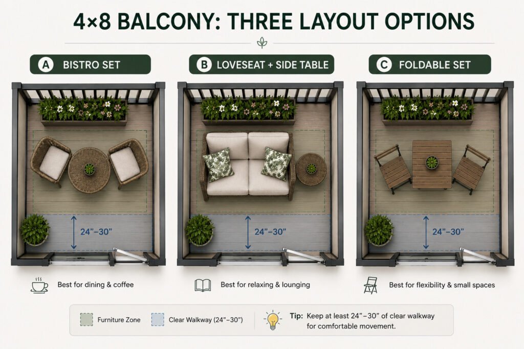 Top-down comparison of three 4×8 balcony layouts including a bistro set, loveseat with side table, and foldable furniture setup
