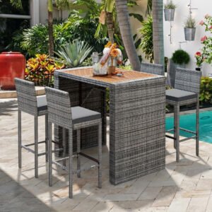 45 degree view of 5 piece rattan patio bar set with acacia wood table top and ice bucket with drinks on table