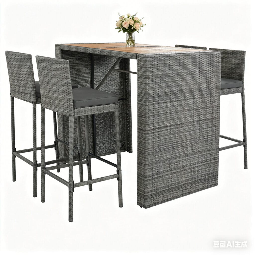5 piece outdoor rattan bar set with acacia wood table top and 4 bar height chairs with cushions