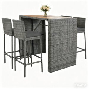 5 piece outdoor rattan bar set with acacia wood table top and 4 bar height chairs with cushions
