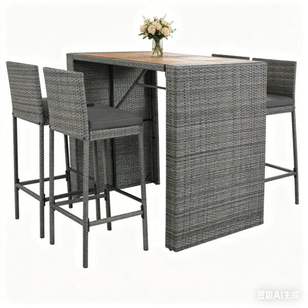 5 piece outdoor rattan bar set with acacia wood table top and 4 bar height chairs with cushions