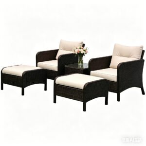 5 piece rattan patio conversation set with brown rattan and beige cushions including 2 chairs 2 ottomans and glass table