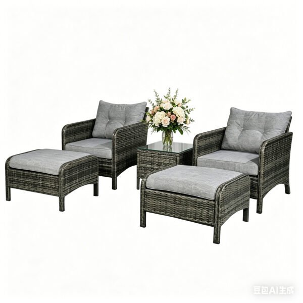 5 piece rattan patio conversation set with gray rattan and gray cushions including 2 chairs 2 ottomans and glass table