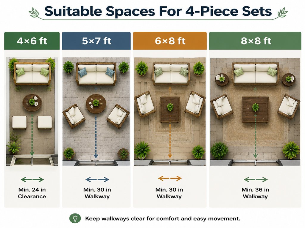 Infographic of 4x6 to 8x8 ft patios with 4-piece wicker furniture and walkways