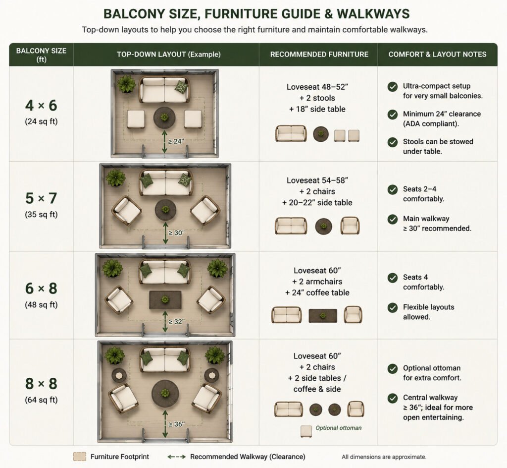 Top-down infographic showing PE rattan bistro furniture layouts and recommended walkways for 4x6, 5x7, 6x8, and 8x8 ft small balconies