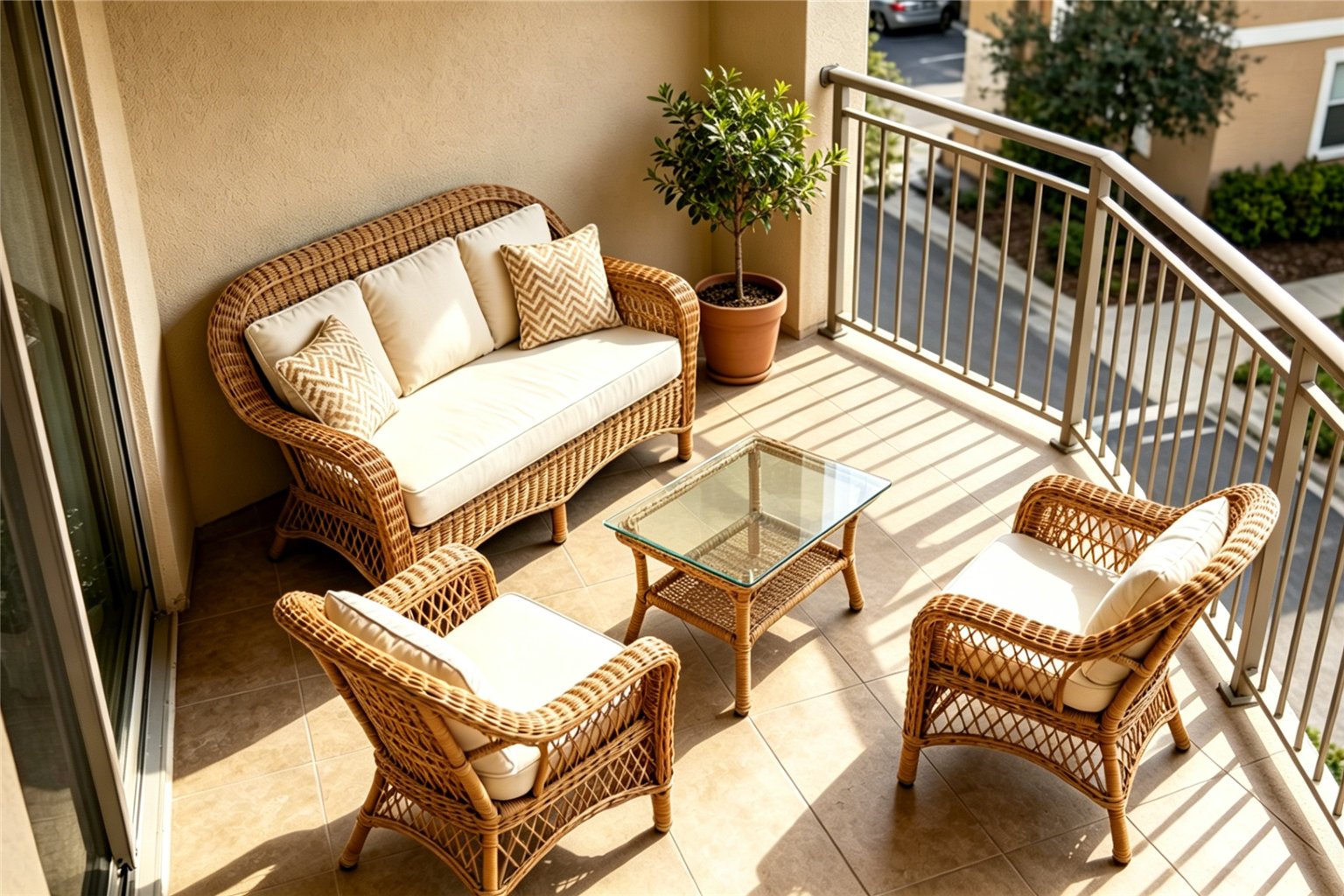 Top-down view of a small balcony with a 4-piece patio set, showing loveseat, two chairs, and small table