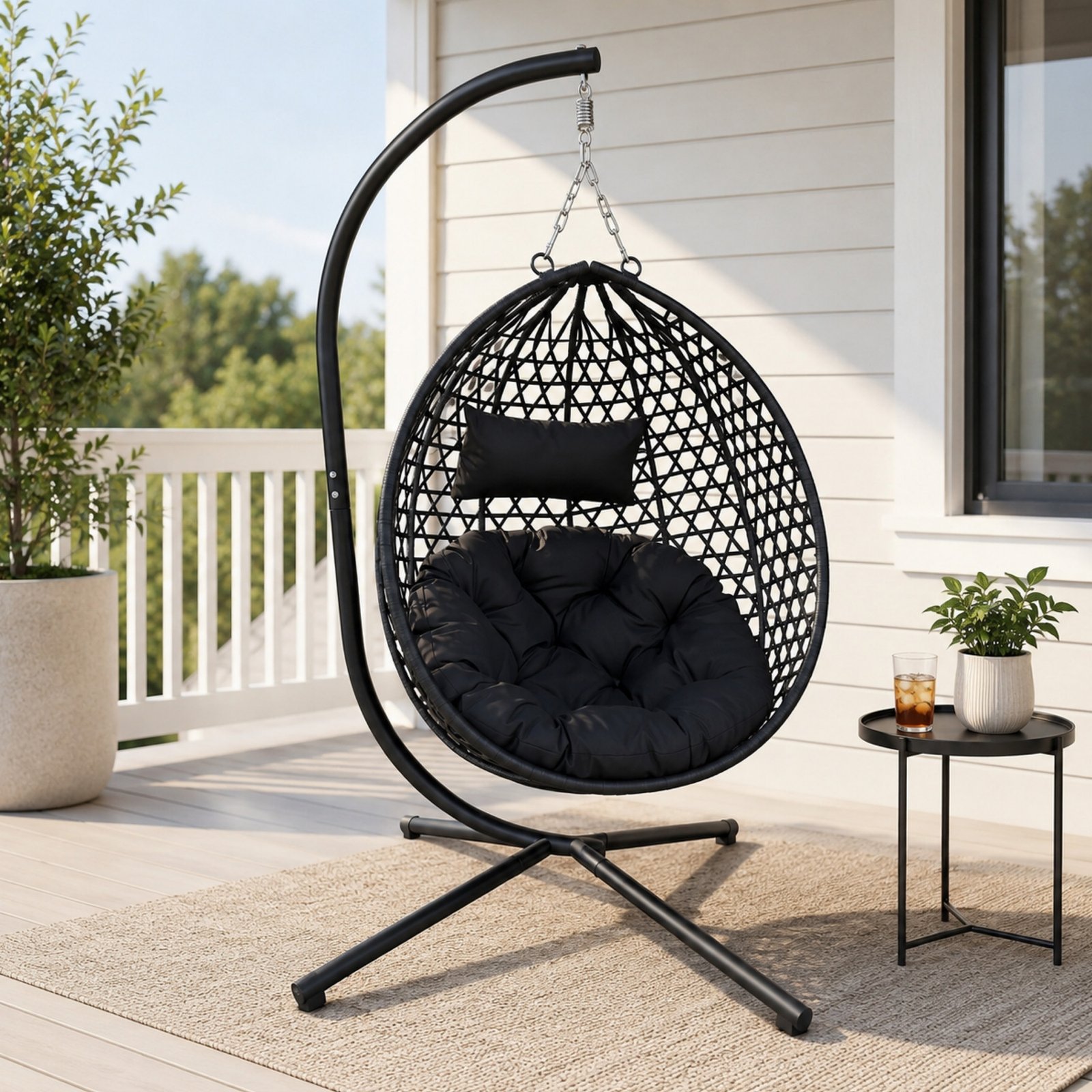 Black HDPE rattan foldable hanging egg chair with cushion on U.S. backyard patio