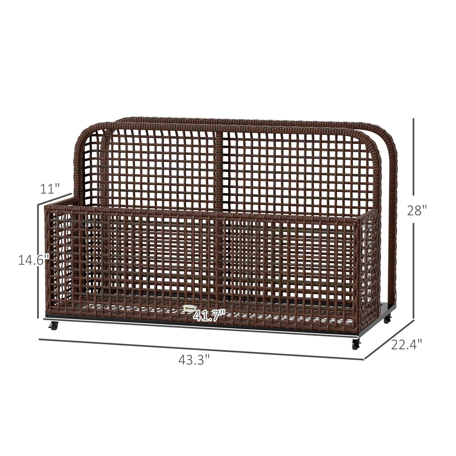 Brown rattan pool float storage cart with wheels dimensions and product measurements